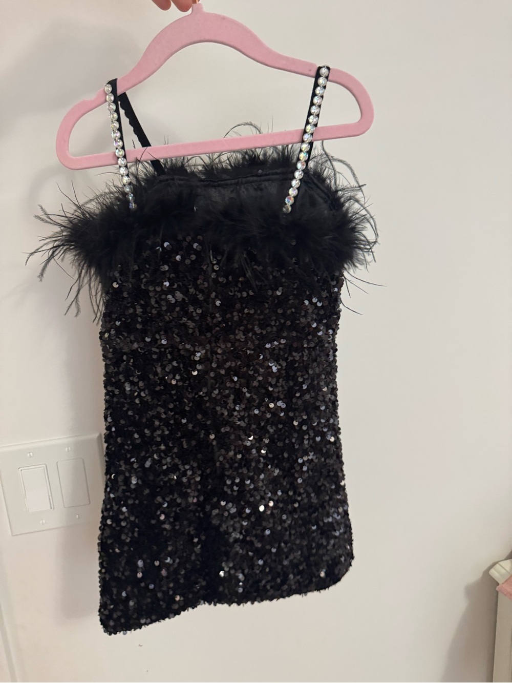 Lola + The Boys Black Sequin Feather Trim Dress with Rhinestone Straps